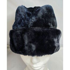 Vintage Navy Blue and Black Faux Fur Hat warm soft
